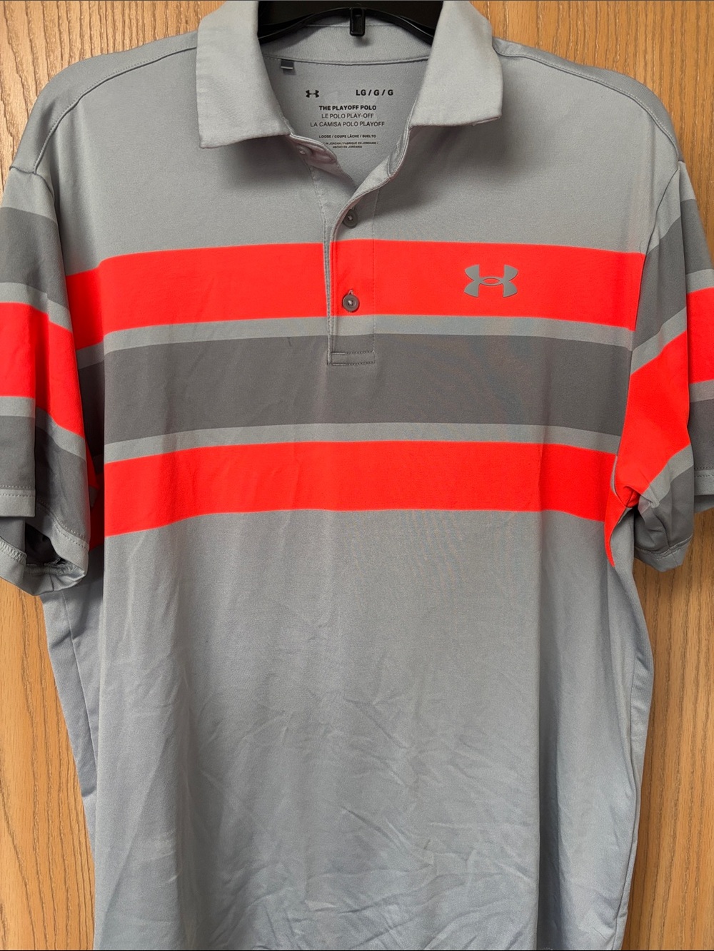 Under Armour Gray Polo with Neon Coral and Dark Gray Stripes